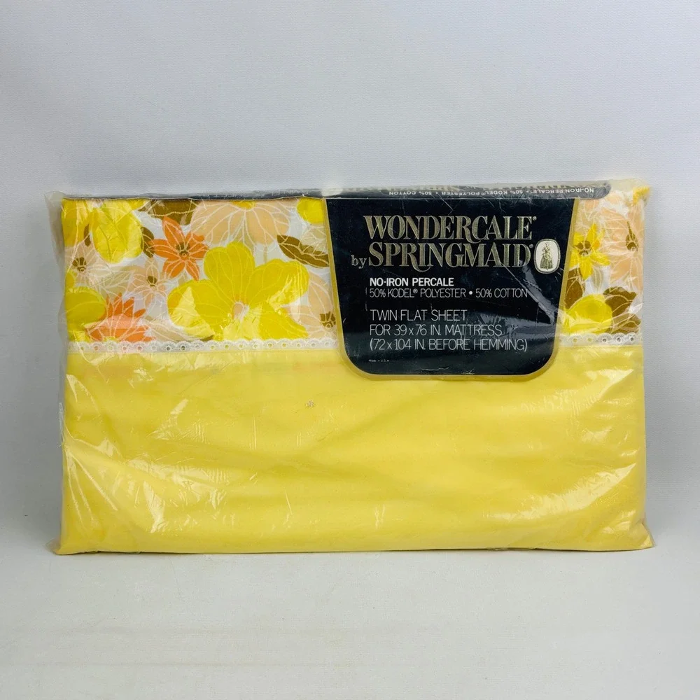 Vintage Springmaid French Flowers Twin Flat Sheet Yellow Brown Orange Floral